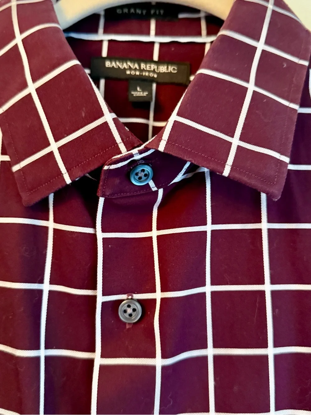 Banana Republic Men's Burgundy Windowpane Dress Shirt with Cream Grid